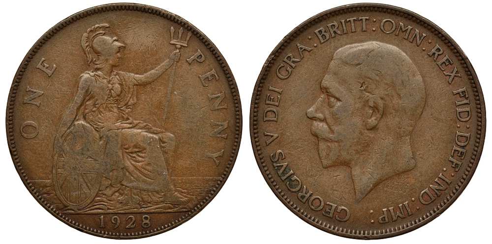 Великобритания 1 пенни 1928 Георг V (1910-1936) KM 838, Spink 4055 бронза 180-1245
