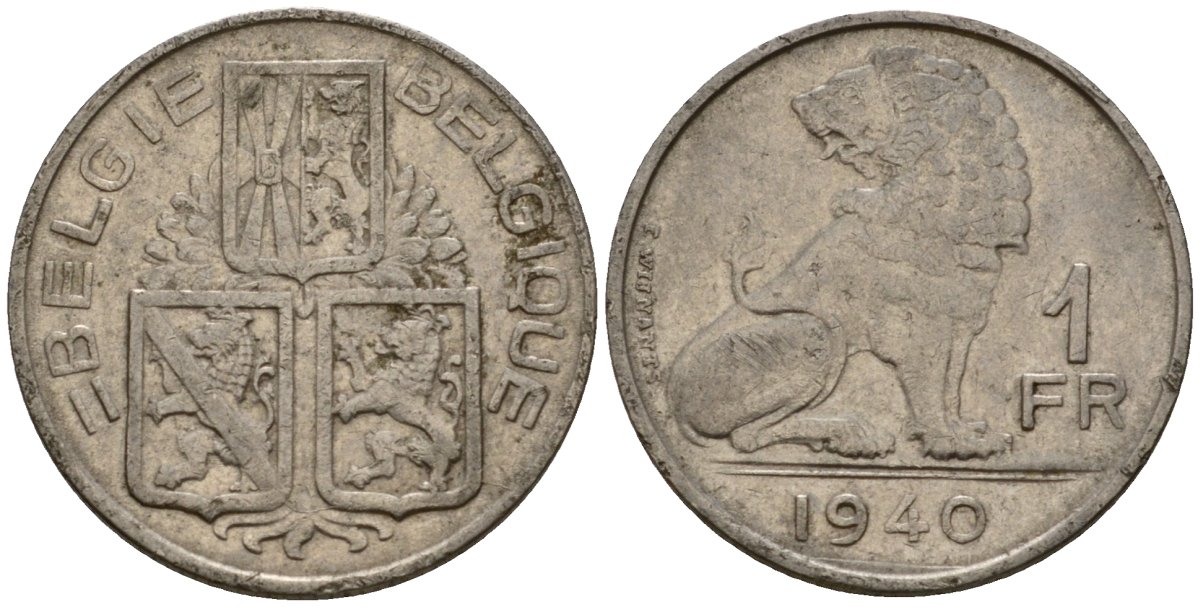 Бельгия 1 франк 1940 Belgie - Belgique KM 120 никель 217-815