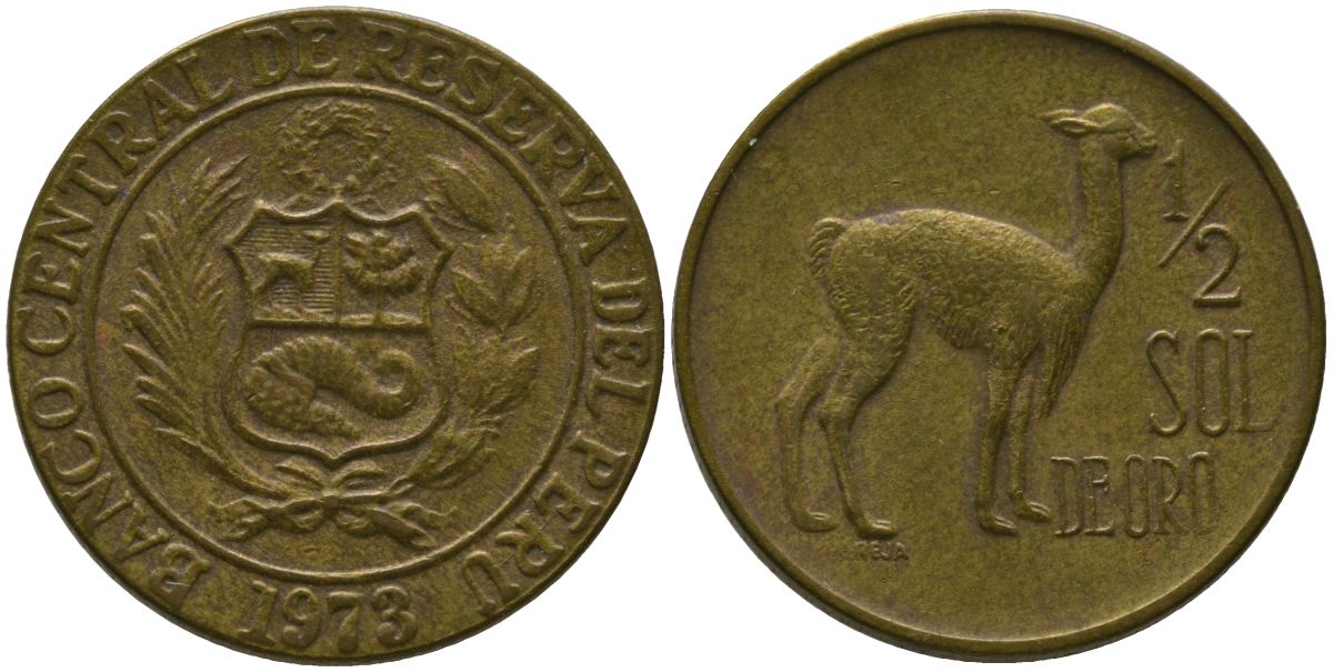 Перу 1/2 соль 1973 KM 247, Schon 52 латунь 4539-1133