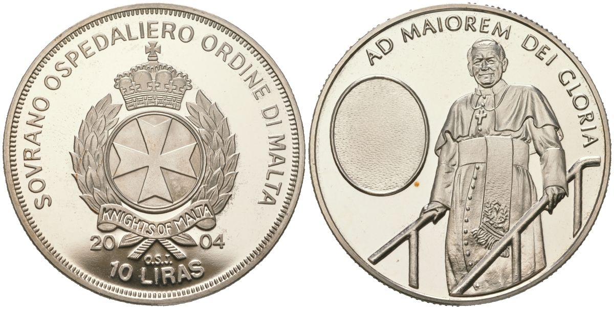Мальтийский орден 10 лир 2004 Жизнь Папы, Иоанн Павел II - Путешествия Папы, тираж 5.000 экземпляров медно-никель PROOF 1529-322