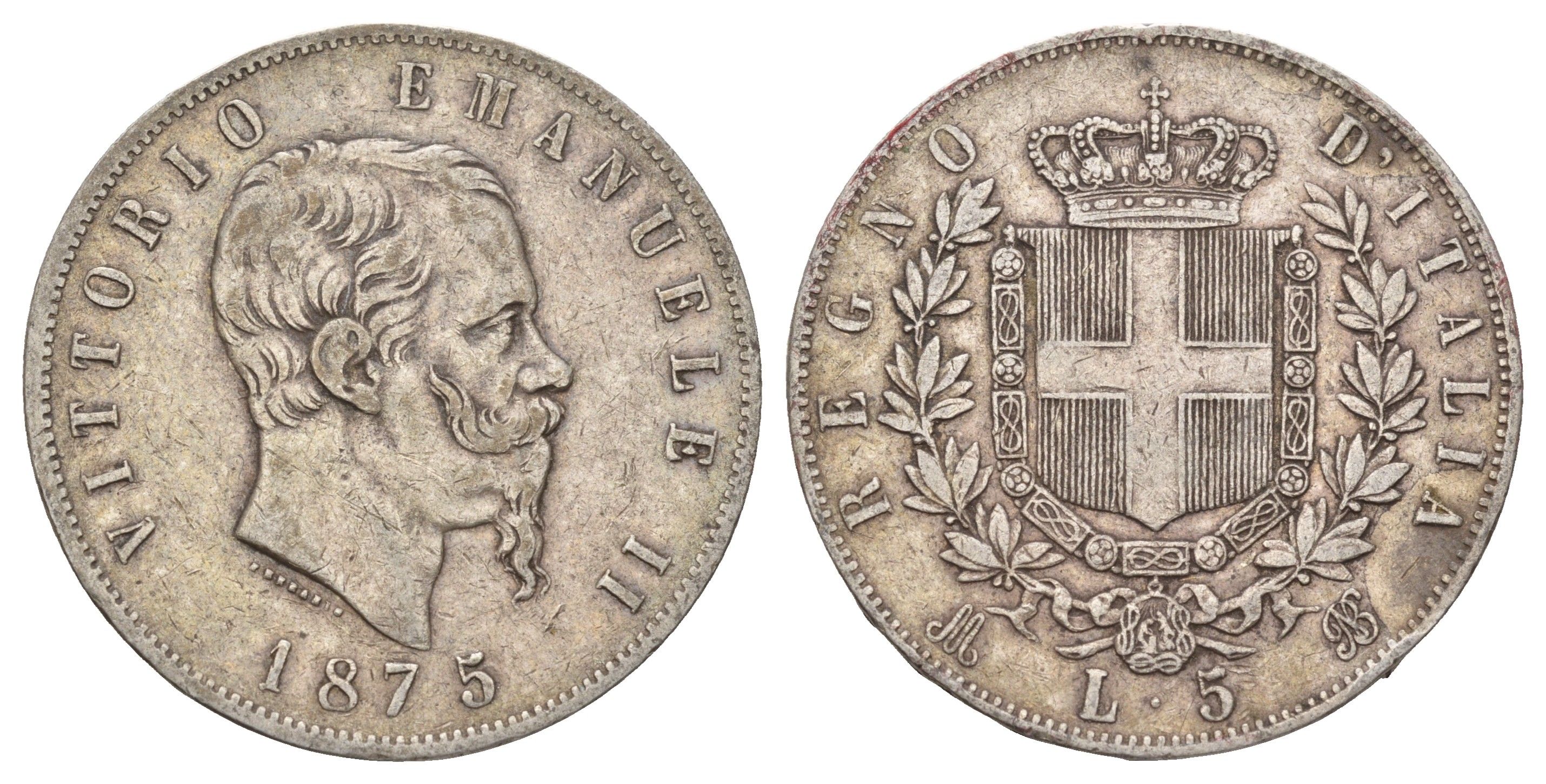 Италия 5 лир 1875 M BN, Виктор Эммануил II (1861-1878) KM 8.3 серебро 413-813