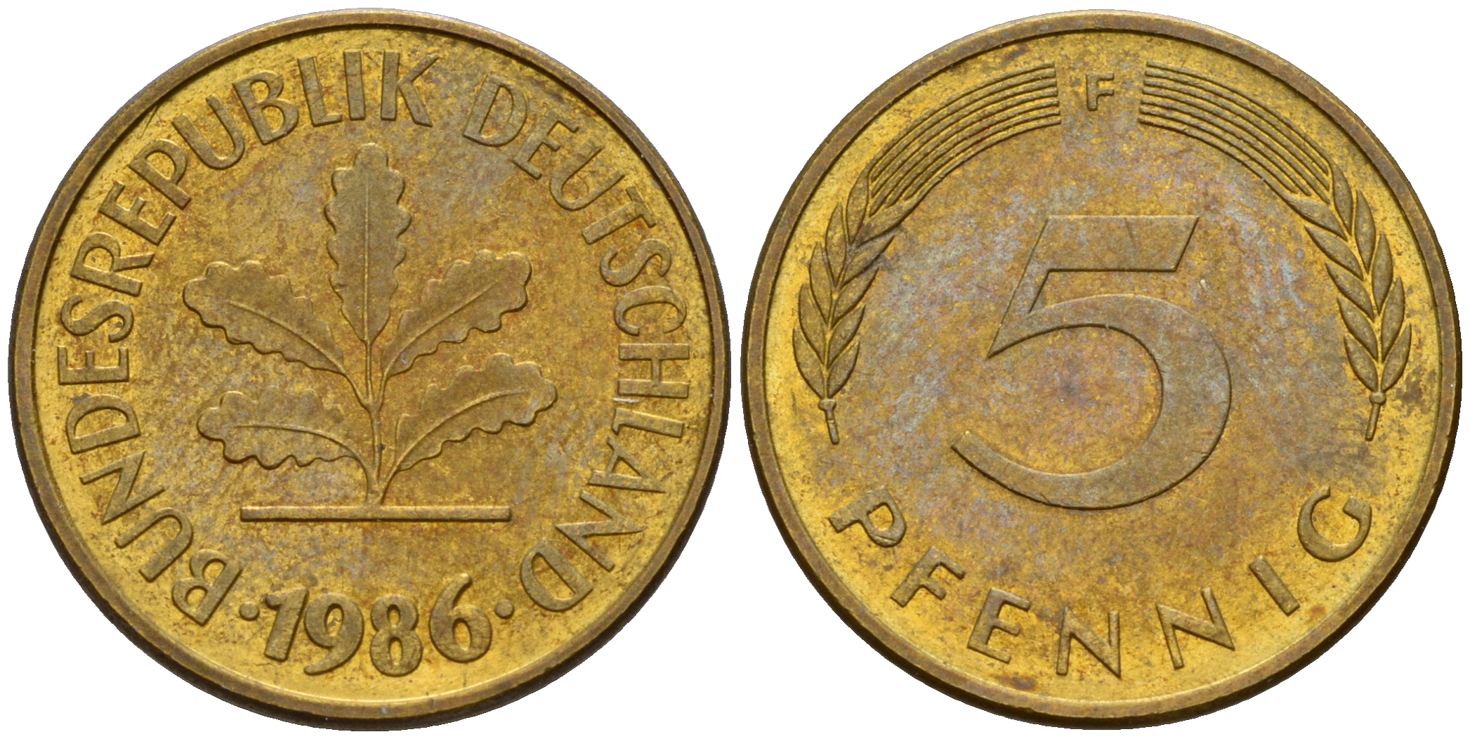 ФРГ 5 пфеннигов 1986 F J.382, KM 107 сталь плакированная латунью    4598-1048