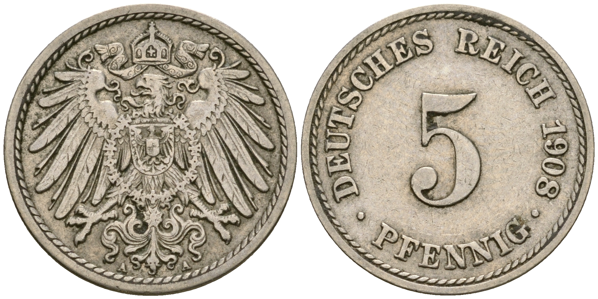 Германия 5 пфеннигов 1908 A KM 11, Jager 12, Weege 6 медно-никель 4364-4552