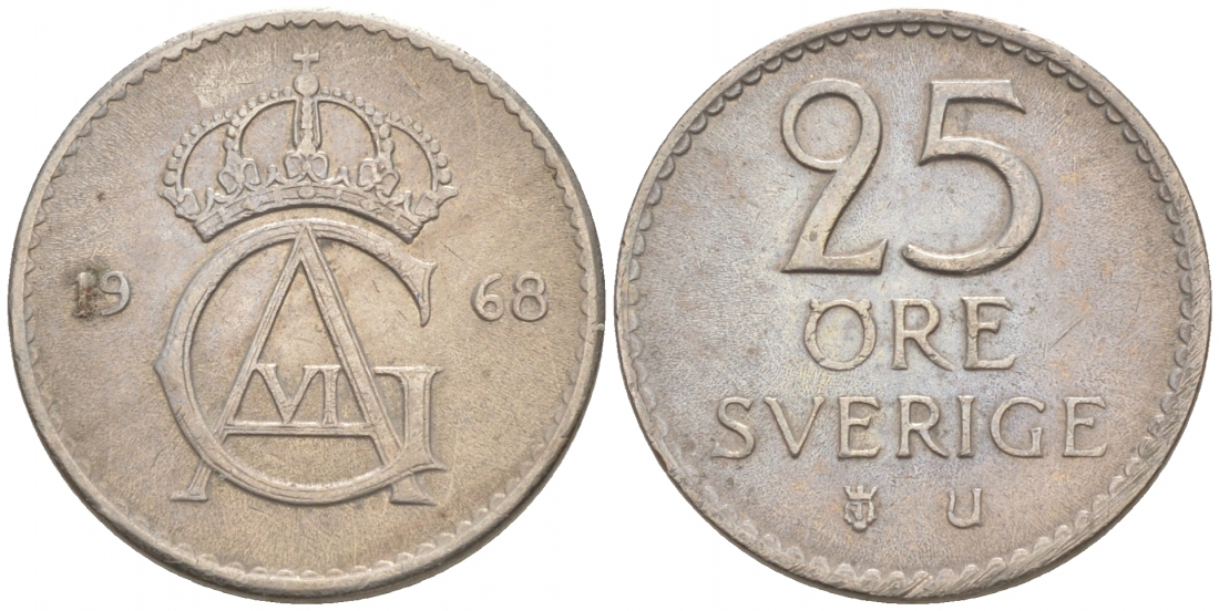 Швеция 25 эре 1968 U Густав VI Адольф (1950-1973) KM 836 медно-никель 44-144