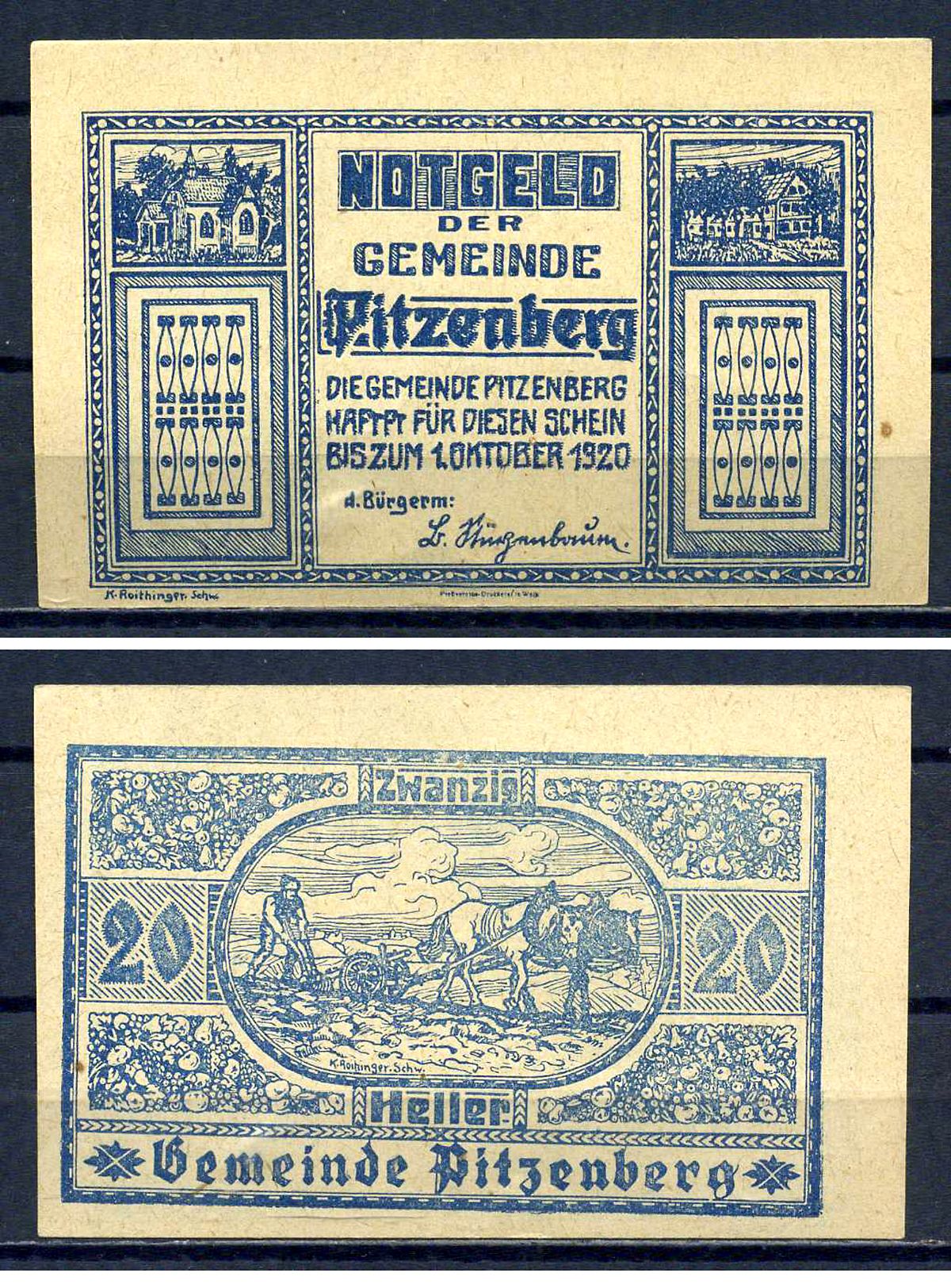 Питценберг (Австрия) 20 геллеров 1920 Jaksc/Pick?JPR0753-20 бумага UNC (пресс) 7556-31-1-2
