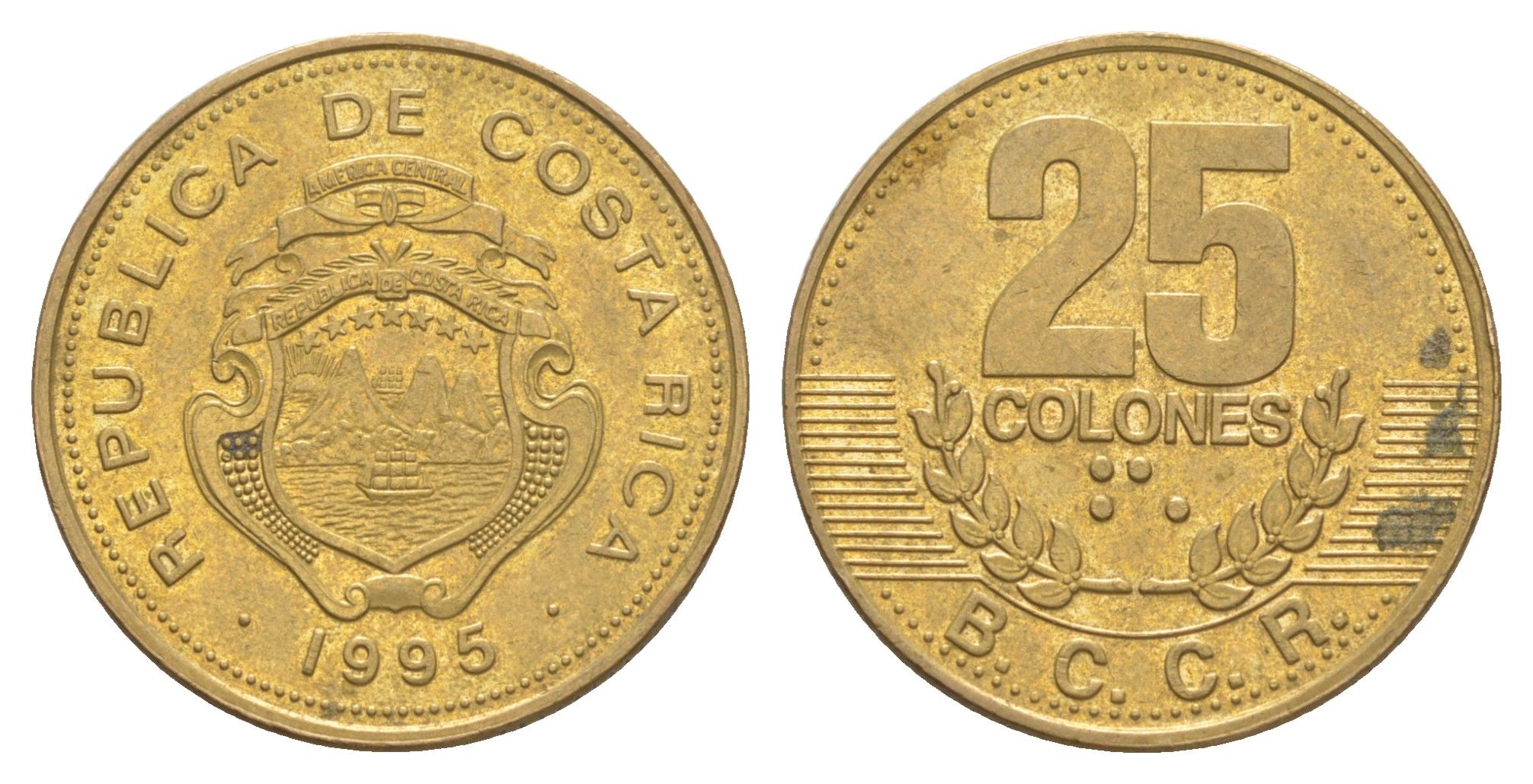 Коста-Рика 25 колонов 1995 KM 229 латунь 4635-1153