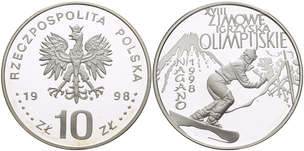 Польша 10 злотых 1998 MW, XVIII Зимние Олимпийские игры в Нагано 1998 года, сноуборд KM 341 серебро PROOF 1080-9-51