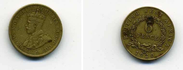 Британская Западная Африка 6 пенсов 1920 Георг V (1910-1936) KM 11b олово латунь 02-205-55