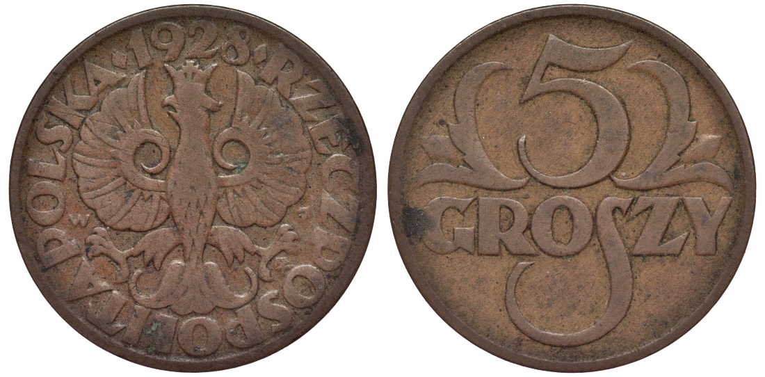 ПОЛЬША 5 ГРОШЕЙ 1928 w, KM 10а бронза 4567-117