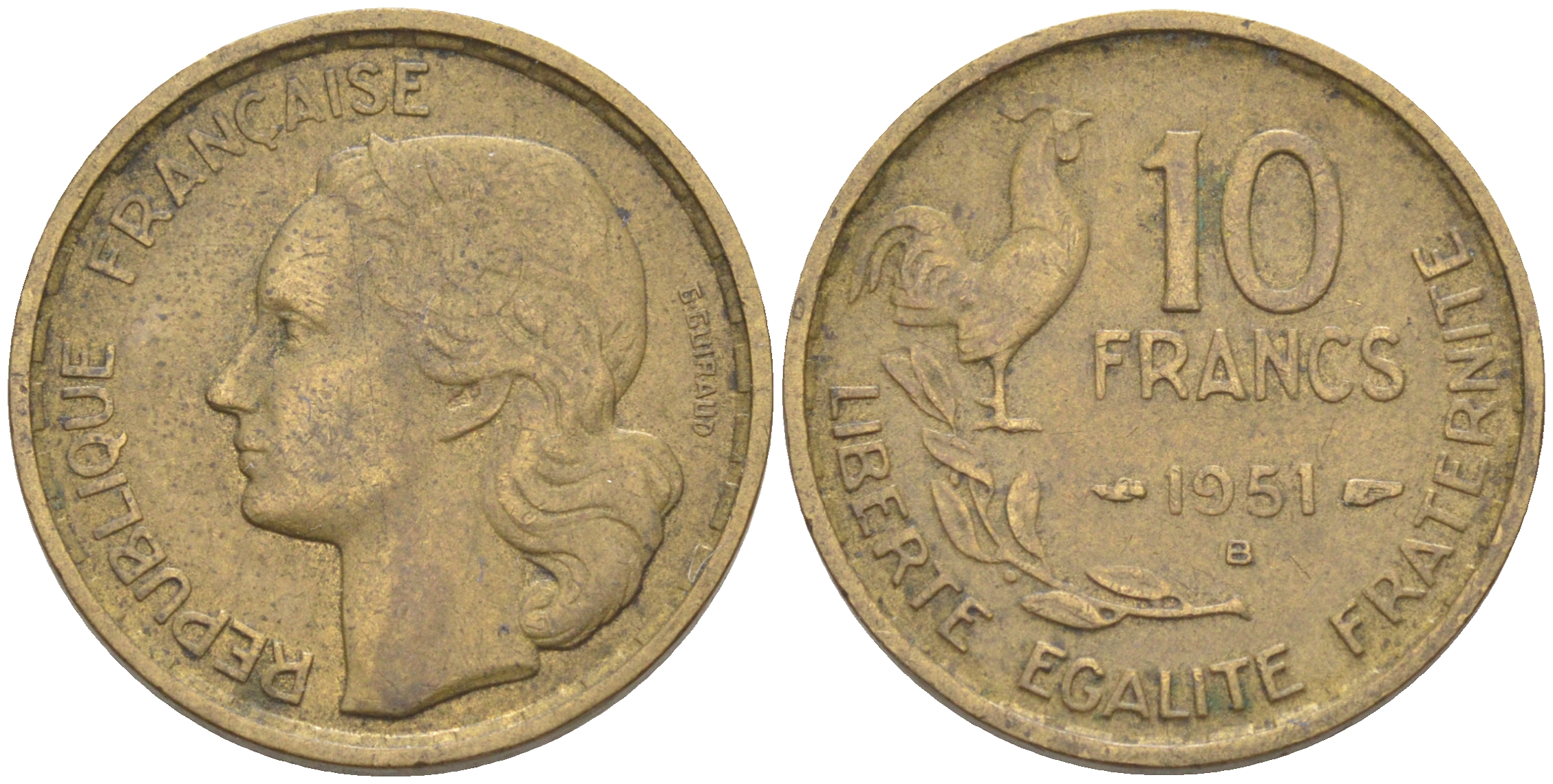 Франция 10 франков 1951 B, петух KM 915.2, Le Franc 363.5 алюминиевая бронза 4511-1133