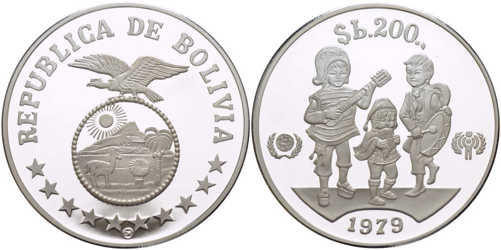Боливия 200 песо 1979 Международный год защиты детей KM 198 серебро PROOF 01-148-41