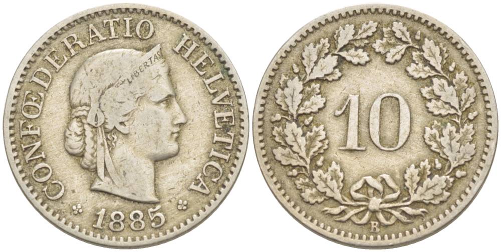 Швейцария 10 раппенов 1885 В KM 27 медно-никель 4541-241