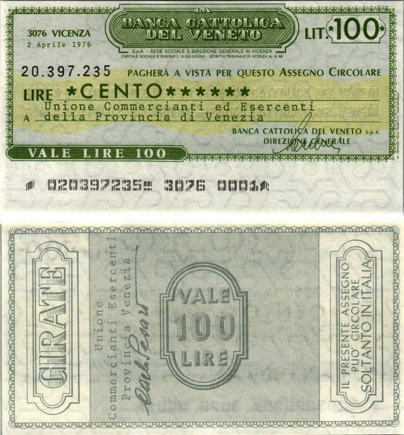 Италия 100 лир 1976 2 апреля 1976, Banca Gattolica del veneto бумага UNC (пресс) 7221-1-1-1