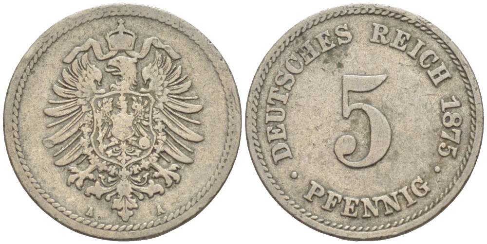 ГЕРМАНИЯ 5 ПФЕННИГОВ 1875 А, СТАРОГЕРБОВКА KM 3, J. 3 медно-никель 4551-134