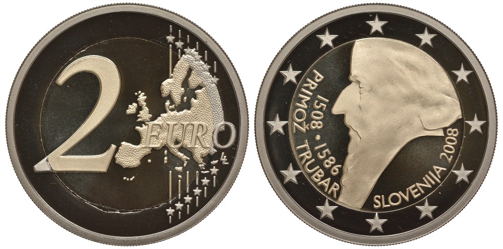 Словения 2 евро 2008 500 лет со дня рождения Приможа Трубара, тираж 2000 экз. KM 80 биметалл PROOF M1-12