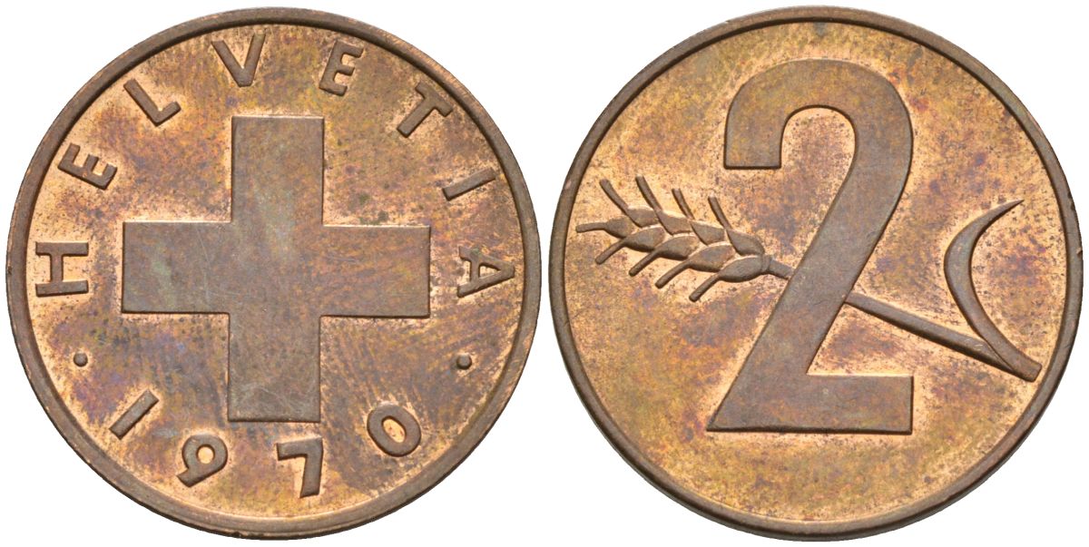 Швейцария 2 раппена 1970 KM 47 бронза 4592-631