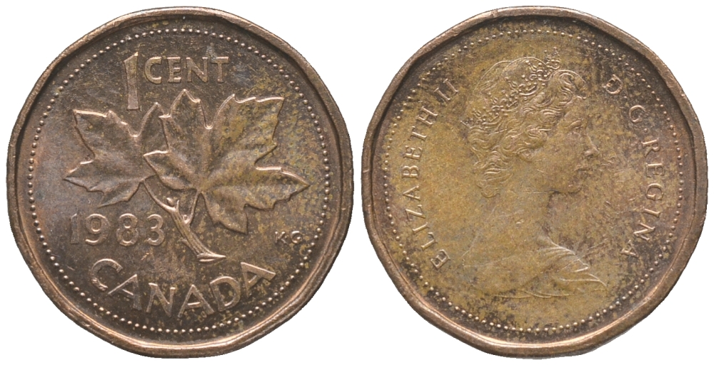 КАНАДА 1 ЦЕНТ 1983 ЕЛИЗАВЕТА II, КЛЕНОВЫЙ ЛИСТ KM 132 бронза 100-811