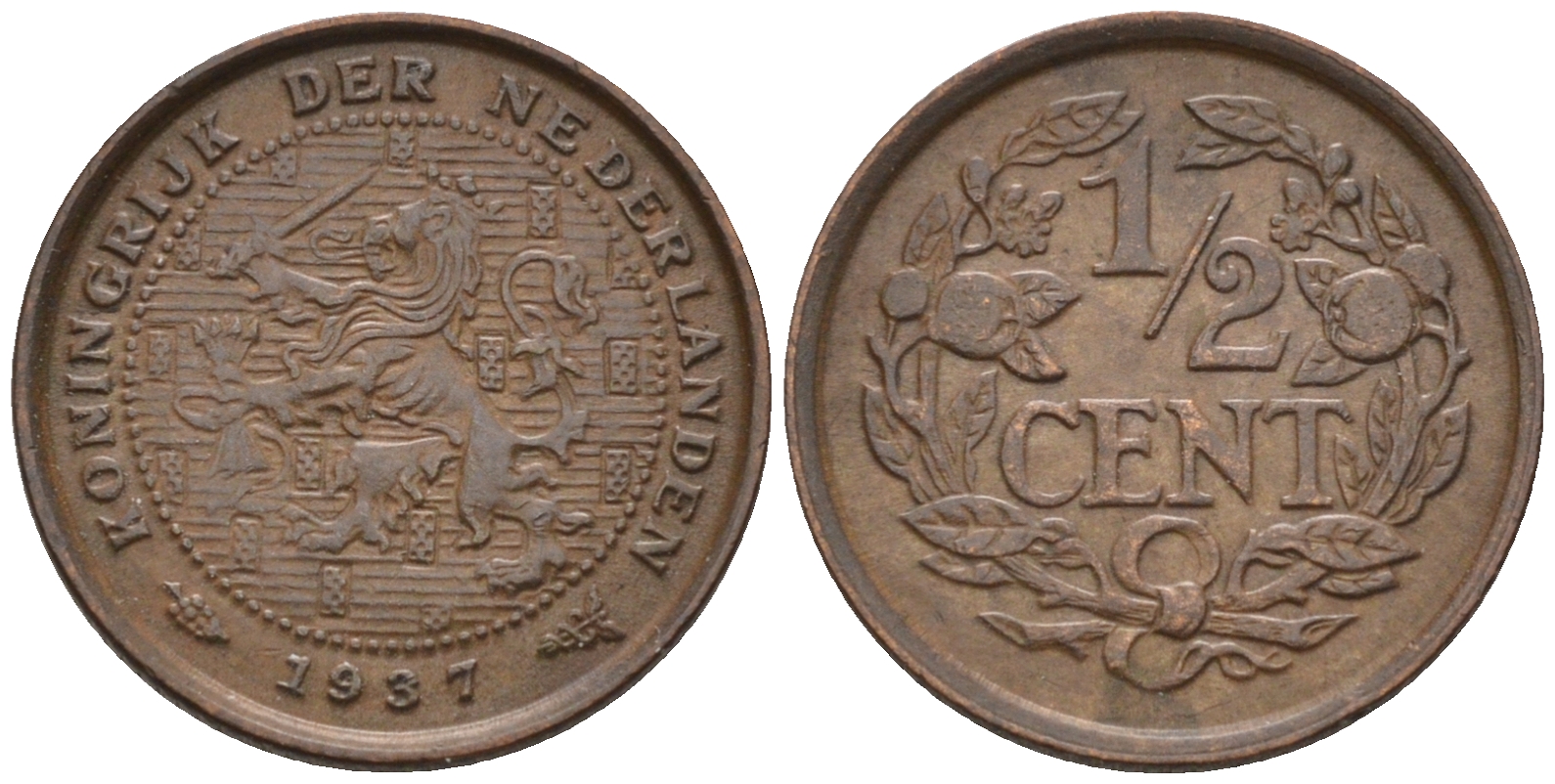 Нидерланды 1/2 цента 1937 Вильгельмина (1890-1948) KM 138 бронза    4169-244