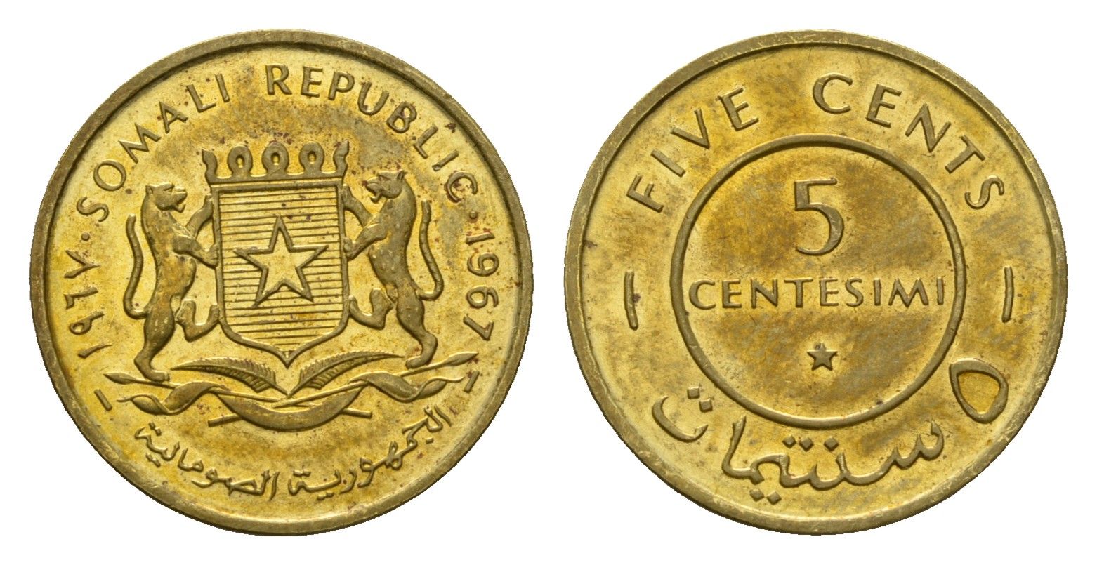 Сомали 5 чентезимо 1967 год-тип KM 6 латунь UNC 54-864