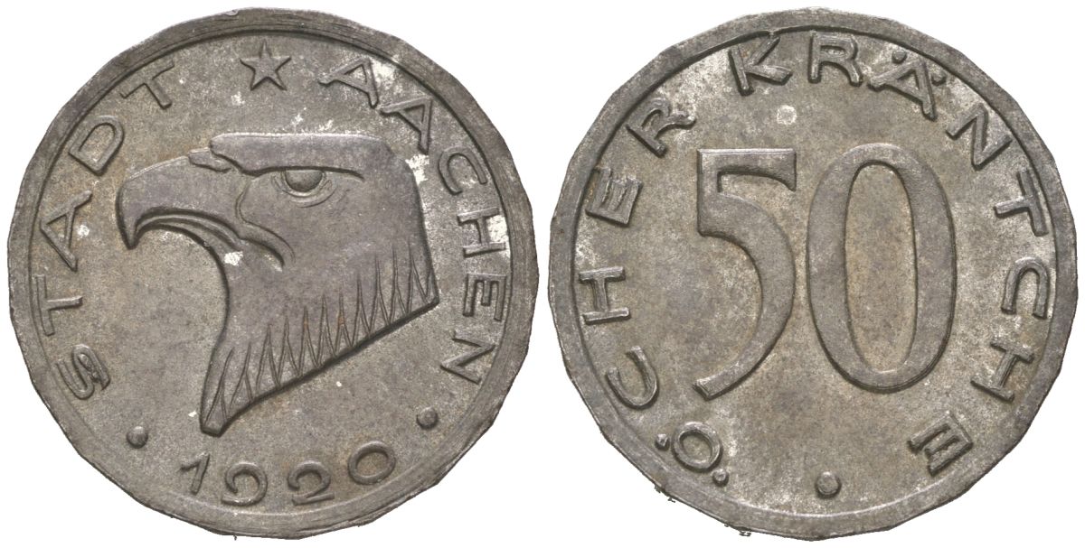 Аахен 50 пфеннигов 1920 гурт 22 угольный Funck 1.11A, Men05 70.35, Men18 99.35 железо 4616-246