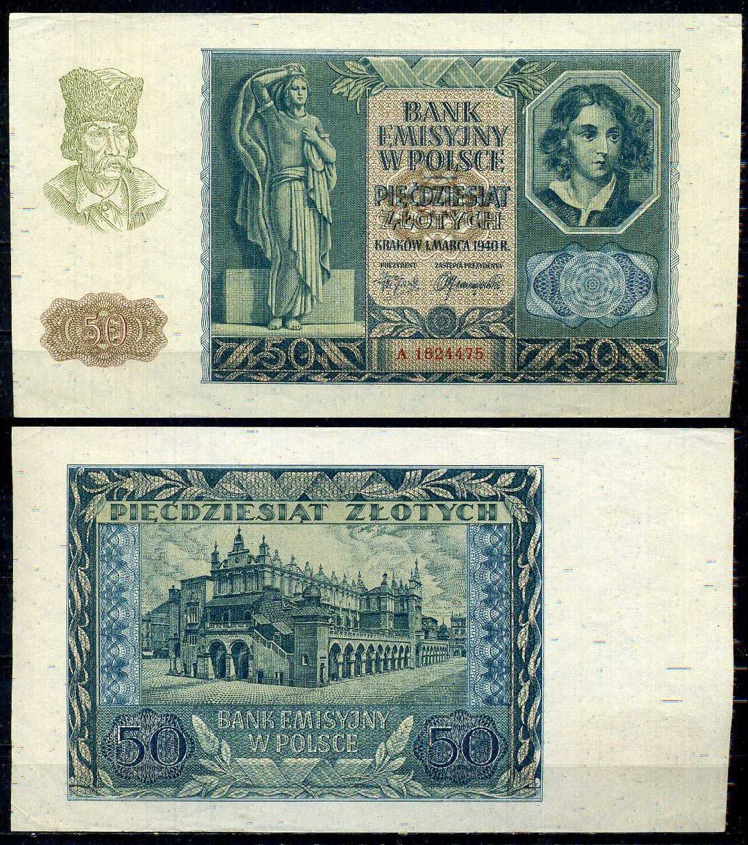 Польша 50 злотых 1940 Фермер, статуя женщины, Эмили Платер Pick 96 бумага aUNC 6317-16-1-2