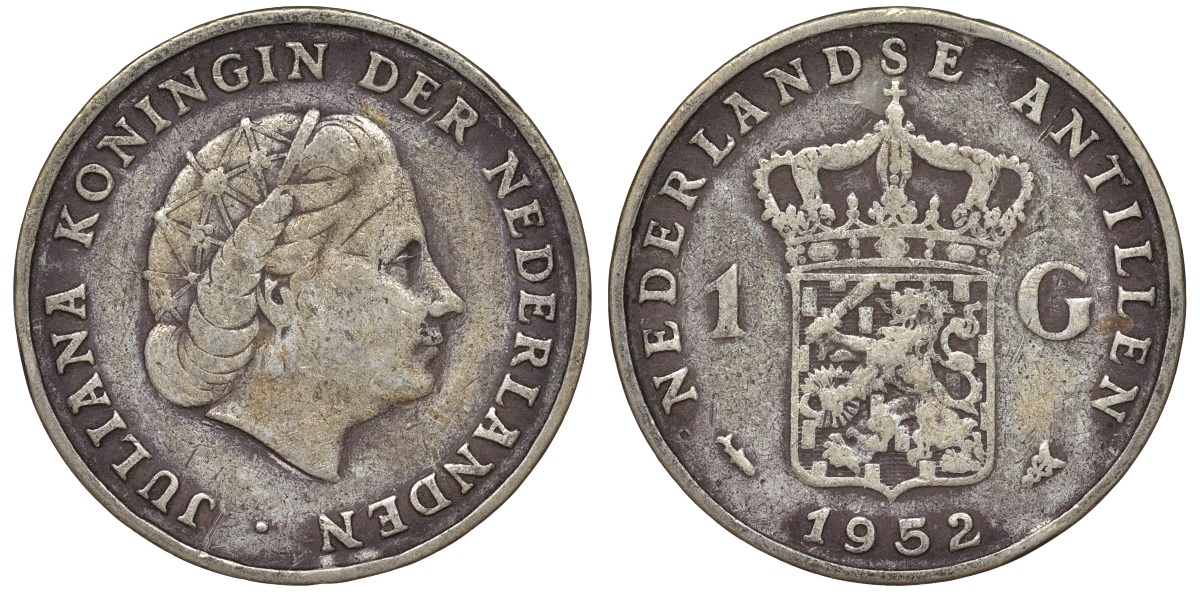 Нидерландские Антилы 1 гульден 1952 Юлиана (1948-1980) KM 2 серебро 36-921