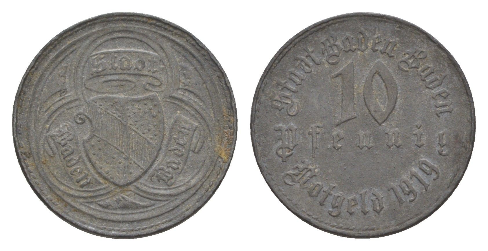 Баден-Баден 10 пфеннигов 1919 Funck 26.1, Men05 1200.1, Men18 1558.1 цинк 4636-941