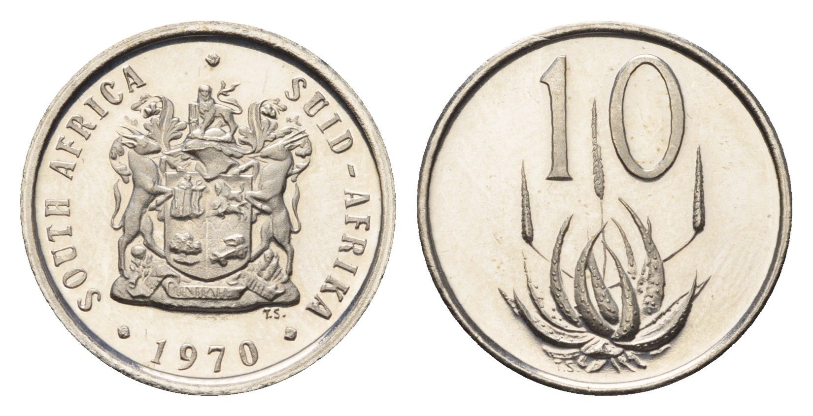 ЮАР 10 центов 1970 герб, цветок алоэ KM 85 никель PROOF 4690-1069