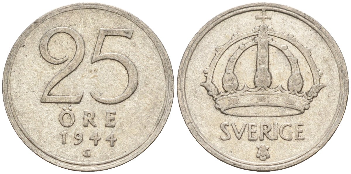 Швеция 25 эре 1944 G, Густав V (1907-1950) KM 816 серебро 4147-957