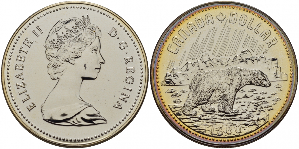 Канада 1 доллар 1980 Арктические территории, полярный медведь KM 128 серебро UNC 1077-10-31