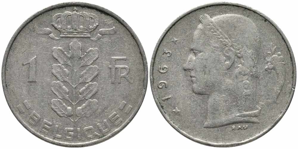 Бельгия 1 франк 1963 Belgique, Бодуэн I (1951-1993) KM 142.1 медно-никель 113-111