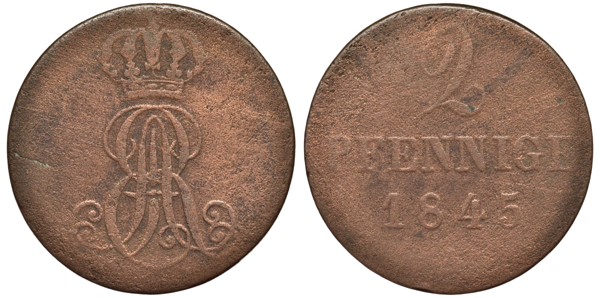 Ганновер 2 пфеннига 1845 A, Эрнст Август (1837-1851) KM 174.1, AKS 122, J. 55 медь 75-1815