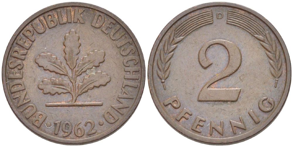 ФРГ 2 ПФЕННИГА 1962 D KM 106, J. 381 бронза 4181-731
