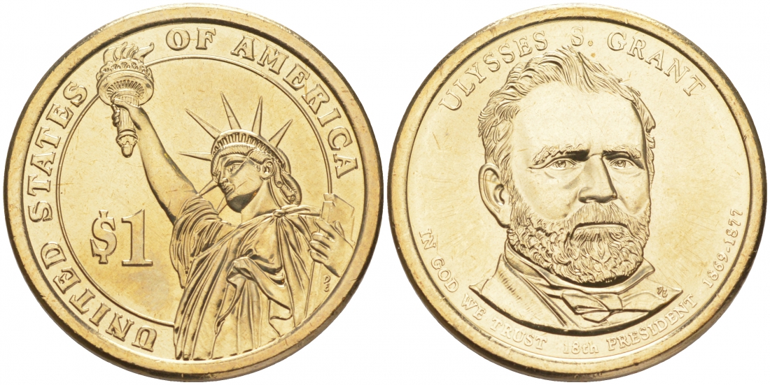 США 1 ДОЛЛАР 2011 D, СЕРИЯ ПРЕЗИДЕНТЫ США - УЛИСС ГРАНТ (1869-1877) KM 500 медь с марганцево-латунным покрытием UNC M31-13