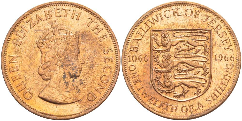 Джерси 1/12 шиллинга 1966 900 лет Нормандскому завоеванию KM 26 бронза UNC 4542-722