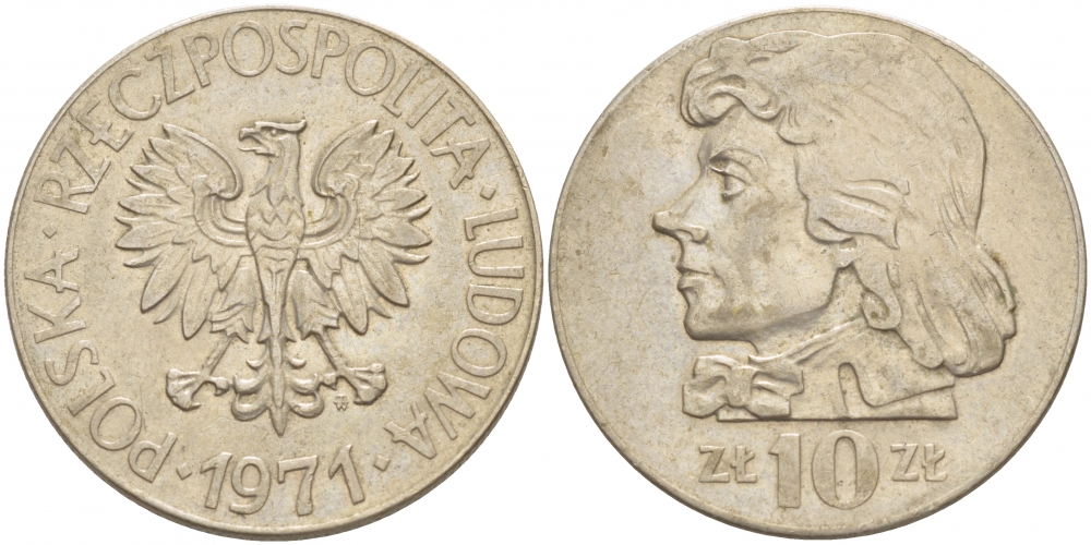 ПОЛЬША 10 ЗЛОТЫХ 1971 MW, ТАДЕУШ КОСТЮШКО KM 50a медно-никель UNC 4536-1232