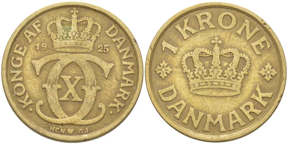 ДАНИЯ 1 КРОНА 1925 HCN; GJ, КРИСТИАН X (1912-1947) KM 824.1 алюминиевая бронза 212-942