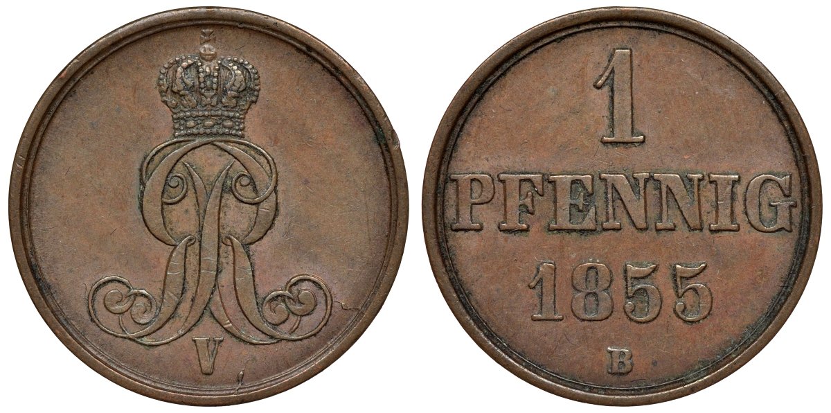 Ганновер 1 пфенниг 1855 B, Георг V KM 221, AKS 155, J. 83 медь 4594-529