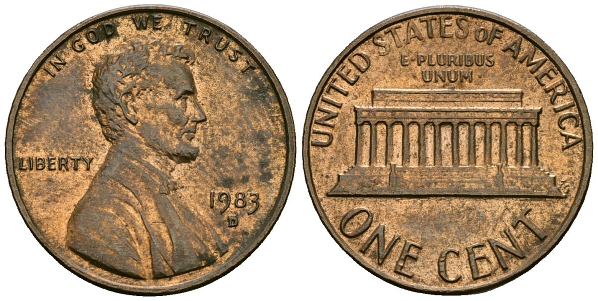 США 1 цент 1983 D, Линкольн KM 201b цинк плакированный медью 4136-233