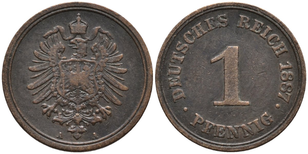 Германия 1 пфенниг 1887 A, старогербовка KM 1 медь 44-1058