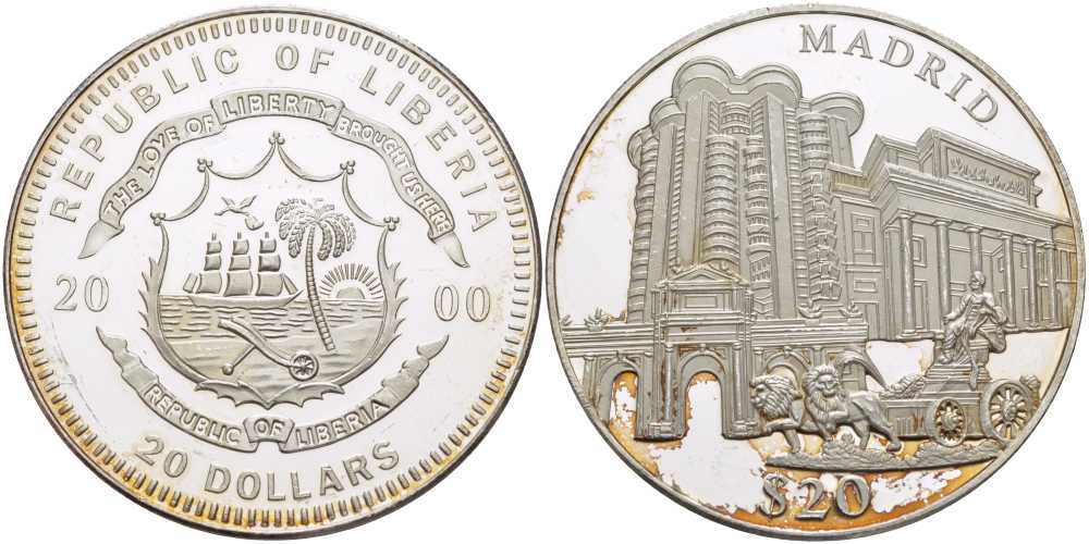 Либерия 20 долларов 2000 серия памятники архитектуры, Мадрид KM 640 серебро PROOF 1076-5-23