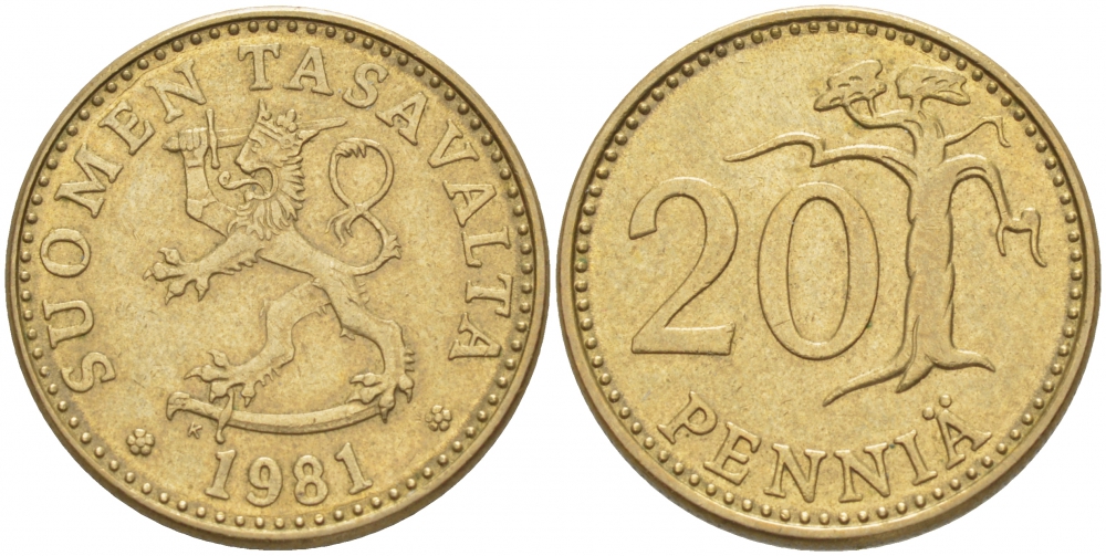 ФИНЛЯНДИЯ 20 ПЕННИ 1981 K KM 47 алюминиевая бронза 3718-516