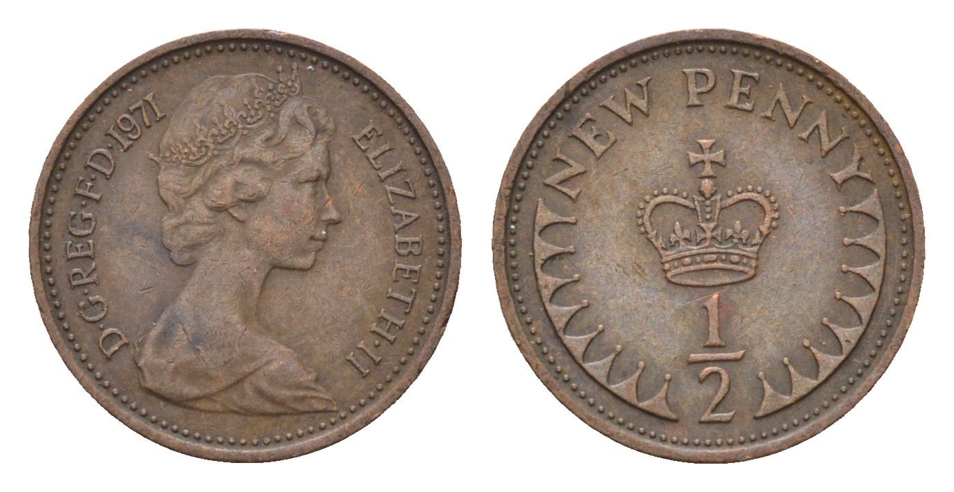 Великобритания 1/2 пенни 1971 Елизавета II (1952-2022) KM 914, Spink 4239 бронза 4697-855