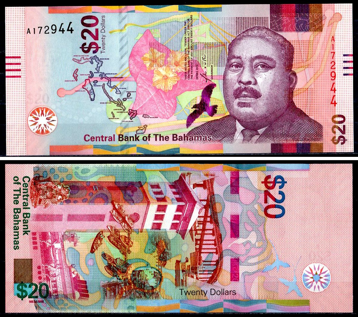 Багамские острова (Багамы) 20 долларов 2018 Карта Багамских островов, цветок, сэр Майло Б. Батлер, башня порта Нассау, мосты, соединяющие Нассау с островом Парадайз, гавань Нассау Pick 80 бумага UNC (пресс) 451-742-3