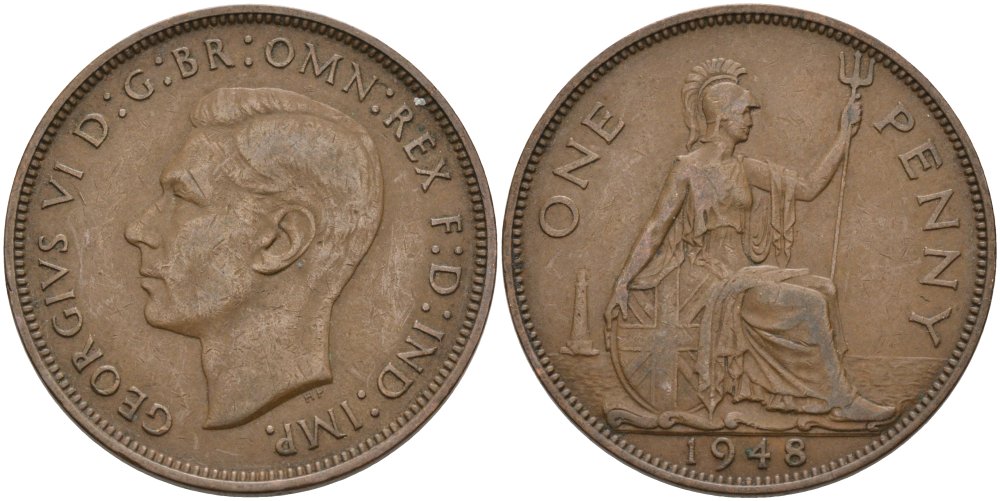 Великобритания 1 пенни 1948 Георг VI (1936-1952) KM 845, Spink 4114 бронза 4574-145