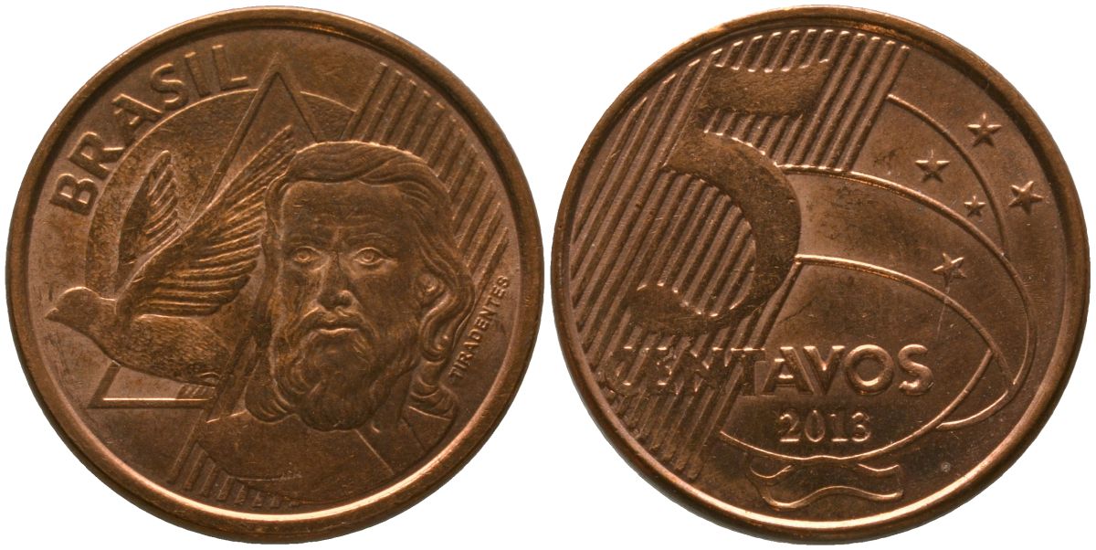 Бразилия 5 сентаво 2013 KM 648, Schon 156 сталь плакированная медью 4525-147