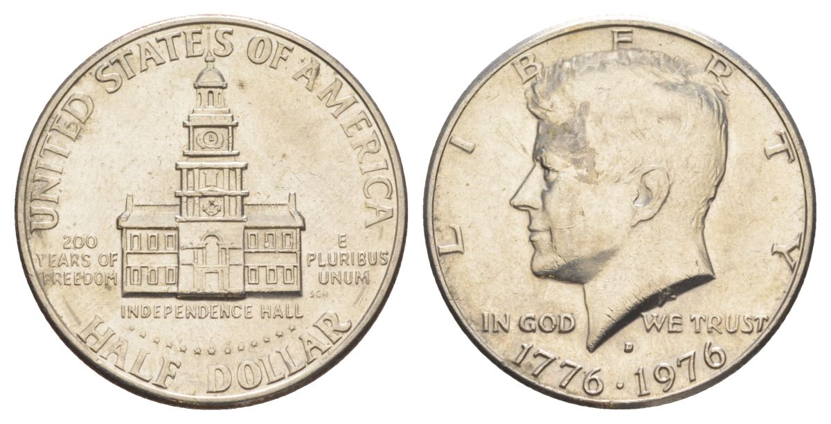 США 1/2 доллара (50 центов) 1976 D, 200 лет независимости, Джон Кеннеди KM 205 медь плакированная медно-никелем aUNC 4545-845