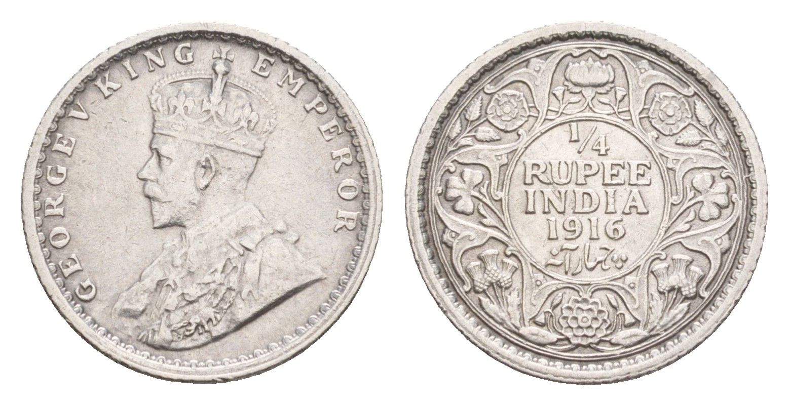 Британская Индия 1/4 рупии 1916 Георг V (1910-1936) KM 518 серебро    1528-1244