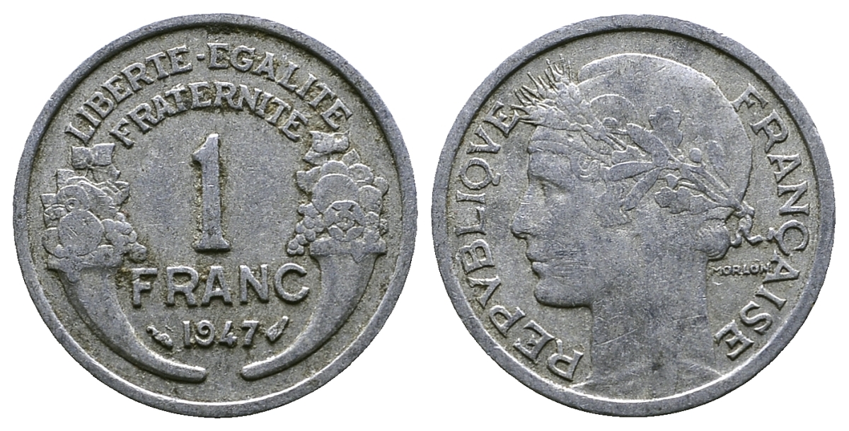 ФРАНЦИЯ 1 ФРАНК 1947 KM 885a.1 алюминий 261-433
