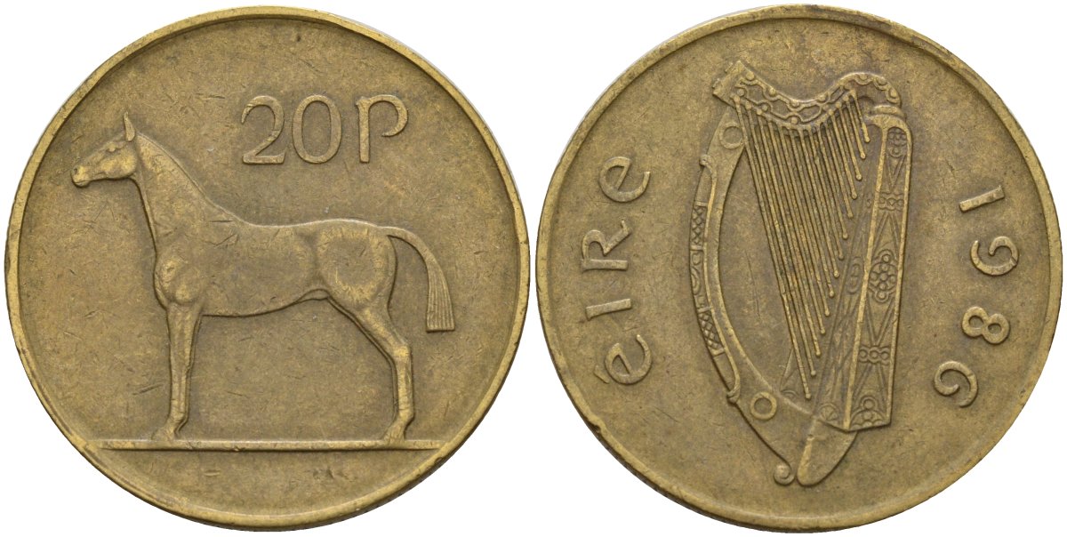 Ирландия 20 пенсов 1986 лошадь KM 25 никель бронза 4140-122